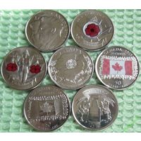 Канада 25 центов 7 штук UNC 2005 ветераны,2008 мак,2010 солдат,2015 мак, 2015 флаг(2 шт),2017 хоккей
