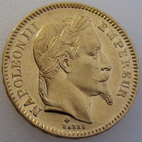 Франция, 20 франков 1863 года, состояние Unc, золото 900/ 6,45 г, Наполеон III, мон. дв. "ВВ" - Страсбург. Доставка только при личной встрече, связь по телефону или мессенджеру.