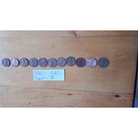 1 цент США, погодовка с 1970 по 1980.