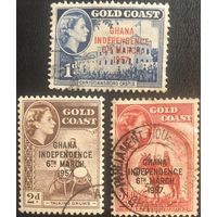 Гана. 1957 год. Надпечатка на марках британской колонии Золотой берег - Независимость Ганы. Mi:GH 6, 8, 9. Почтовое гашение.